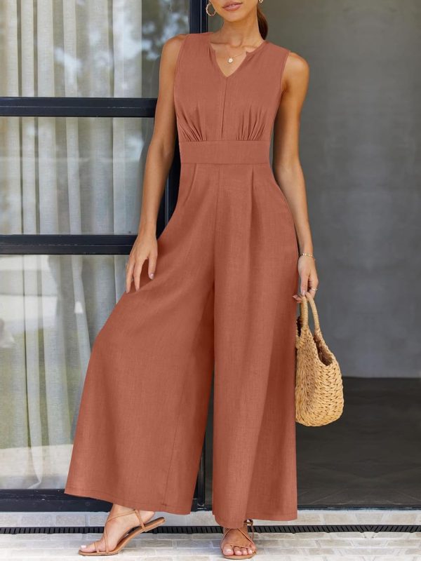 ANRABESS Jumpsuits for Women Summer Dressy Casual Linen Romper Sleeveless V Neck High Waist Wide Leg Beach Vacation Outfits - Image 67
