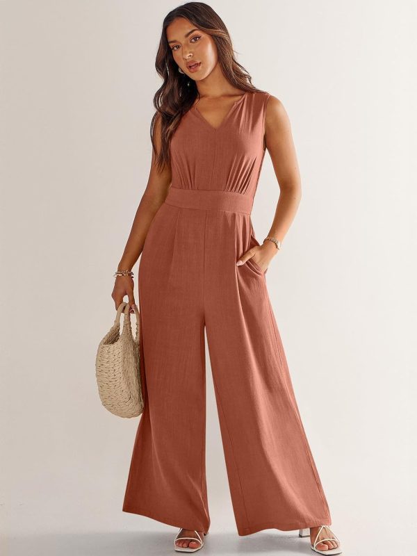ANRABESS Jumpsuits for Women Summer Dressy Casual Linen Romper Sleeveless V Neck High Waist Wide Leg Beach Vacation Outfits - Image 72