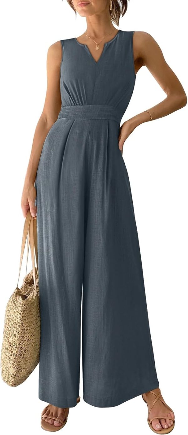 ANRABESS Jumpsuits for Women Summer Dressy Casual Linen Romper Sleeveless V Neck High Waist Wide Leg Beach Vacation Outfits - Image 73