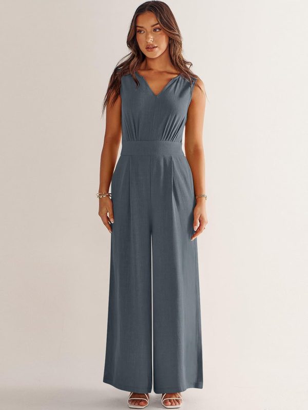 ANRABESS Jumpsuits for Women Summer Dressy Casual Linen Romper Sleeveless V Neck High Waist Wide Leg Beach Vacation Outfits - Image 79