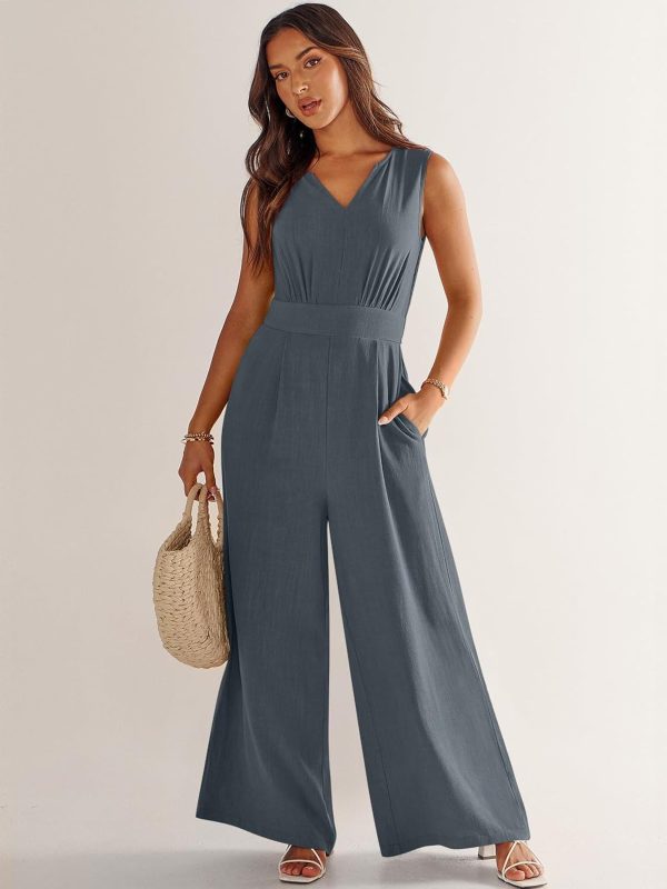 ANRABESS Jumpsuits for Women Summer Dressy Casual Linen Romper Sleeveless V Neck High Waist Wide Leg Beach Vacation Outfits - Image 80
