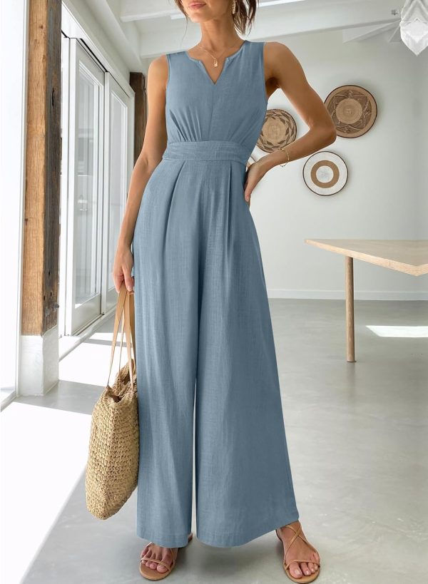 ANRABESS Jumpsuits for Women Summer Dressy Casual Linen Romper Sleeveless V Neck High Waist Wide Leg Beach Vacation Outfits - Image 82