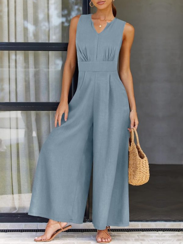ANRABESS Jumpsuits for Women Summer Dressy Casual Linen Romper Sleeveless V Neck High Waist Wide Leg Beach Vacation Outfits - Image 83