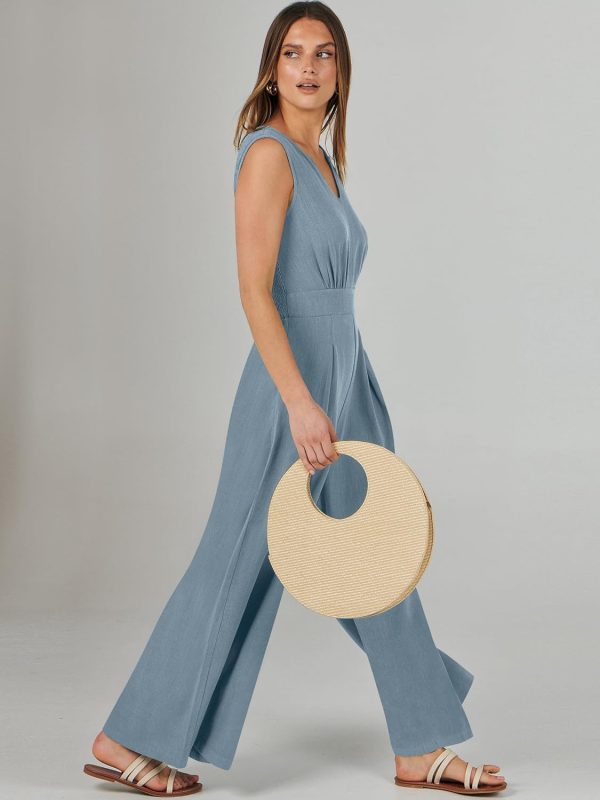 ANRABESS Jumpsuits for Women Summer Dressy Casual Linen Romper Sleeveless V Neck High Waist Wide Leg Beach Vacation Outfits - Image 85