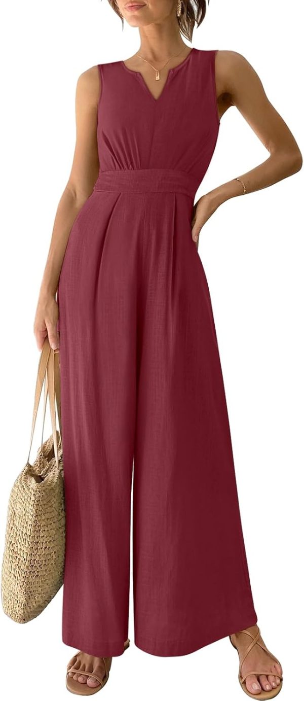 ANRABESS Jumpsuits for Women Summer Dressy Casual Linen Romper Sleeveless V Neck High Waist Wide Leg Beach Vacation Outfits - Image 87