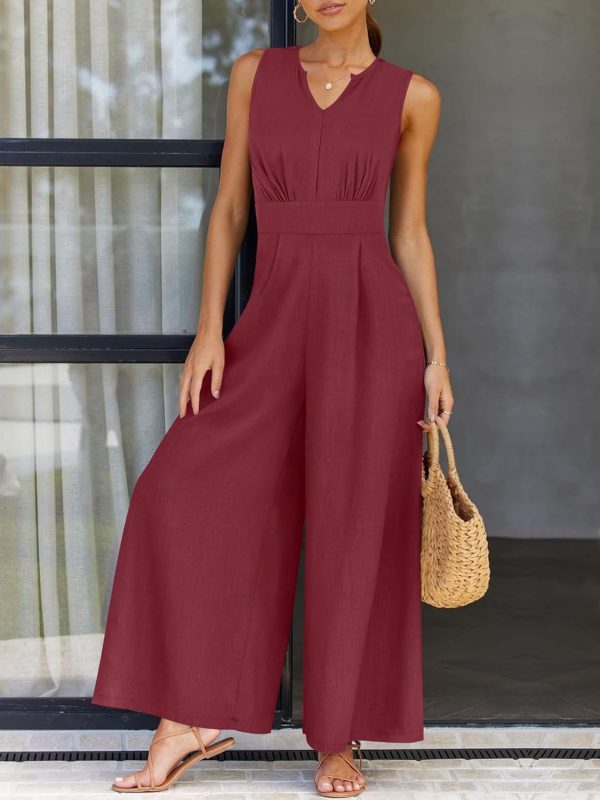 ANRABESS Jumpsuits for Women Summer Dressy Casual Linen Romper Sleeveless V Neck High Waist Wide Leg Beach Vacation Outfits - Image 89