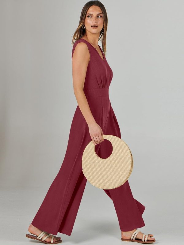 ANRABESS Jumpsuits for Women Summer Dressy Casual Linen Romper Sleeveless V Neck High Waist Wide Leg Beach Vacation Outfits - Image 91