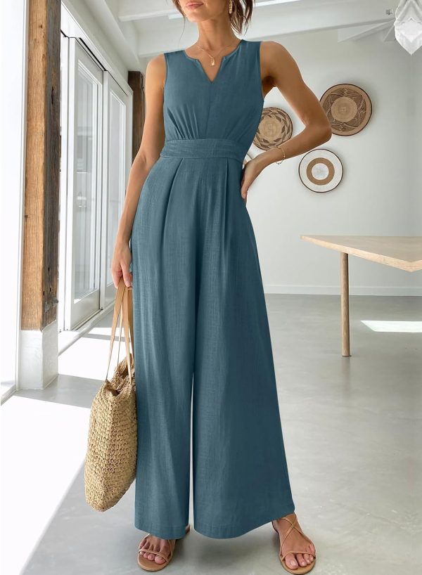 ANRABESS Jumpsuits for Women Summer Dressy Casual Linen Romper Sleeveless V Neck High Waist Wide Leg Beach Vacation Outfits - Image 96