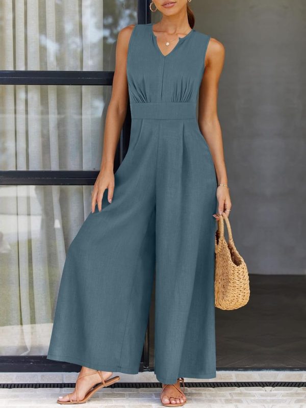 ANRABESS Jumpsuits for Women Summer Dressy Casual Linen Romper Sleeveless V Neck High Waist Wide Leg Beach Vacation Outfits - Image 97