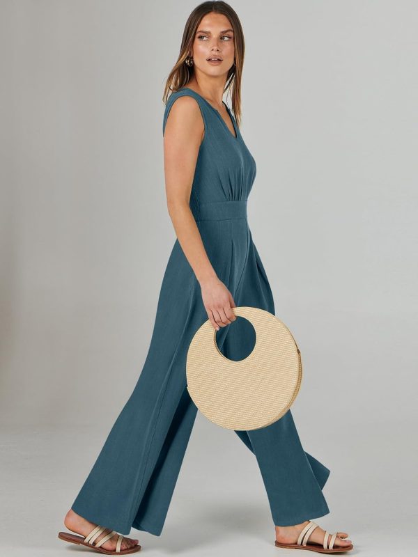 ANRABESS Jumpsuits for Women Summer Dressy Casual Linen Romper Sleeveless V Neck High Waist Wide Leg Beach Vacation Outfits - Image 99