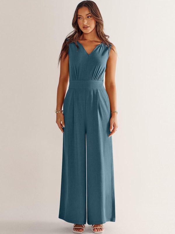 ANRABESS Jumpsuits for Women Summer Dressy Casual Linen Romper Sleeveless V Neck High Waist Wide Leg Beach Vacation Outfits - Image 101