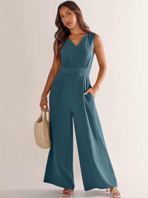 ANRABESS Jumpsuits for Women Summer Dressy Casual Linen Romper Sleeveless V Neck High Waist Wide Leg Beach Vacation Outfits - Image 102