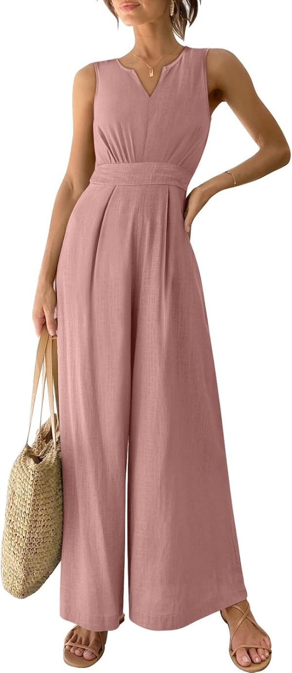 ANRABESS Jumpsuits for Women Summer Dressy Casual Linen Romper Sleeveless V Neck High Waist Wide Leg Beach Vacation Outfits - Image 103
