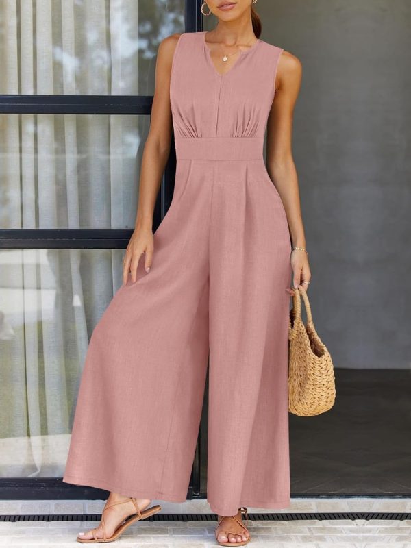 ANRABESS Jumpsuits for Women Summer Dressy Casual Linen Romper Sleeveless V Neck High Waist Wide Leg Beach Vacation Outfits - Image 105