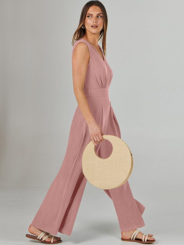 ANRABESS Jumpsuits for Women Summer Dressy Casual Linen Romper Sleeveless V Neck High Waist Wide Leg Beach Vacation Outfits - Image 107