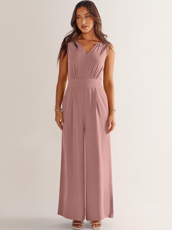 ANRABESS Jumpsuits for Women Summer Dressy Casual Linen Romper Sleeveless V Neck High Waist Wide Leg Beach Vacation Outfits - Image 109