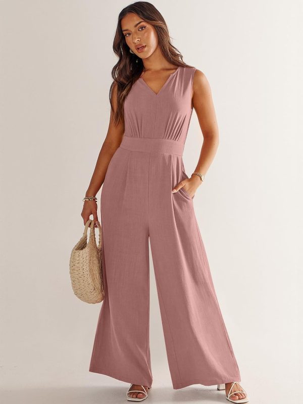 ANRABESS Jumpsuits for Women Summer Dressy Casual Linen Romper Sleeveless V Neck High Waist Wide Leg Beach Vacation Outfits - Image 110